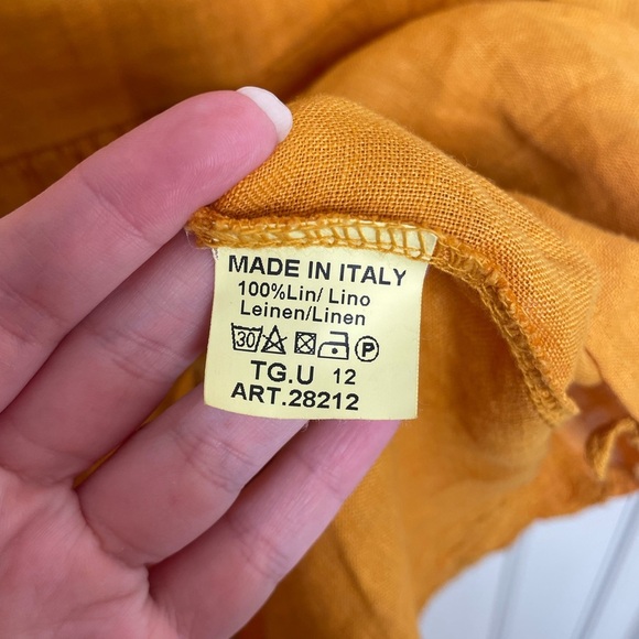 100% LINO Mustard Yellow Short Sleeve linen embroidered Dress with pockets | L - Picture 9 of 11